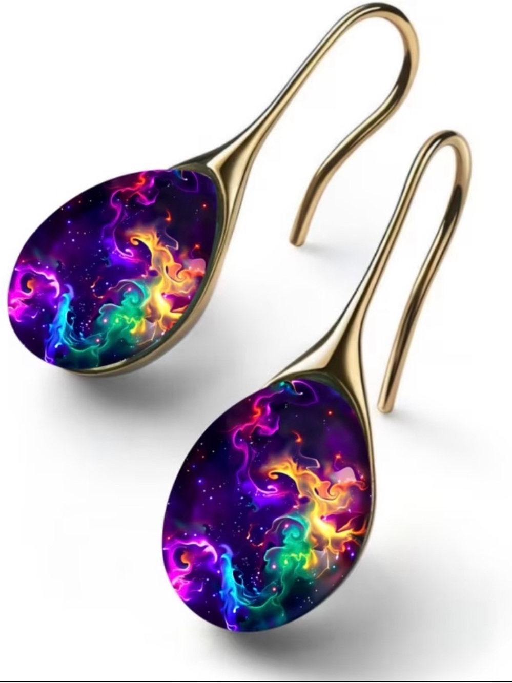 Gold Drop Earrings with Multicolor Nebula Resin Inlay - Picture 3 of 3